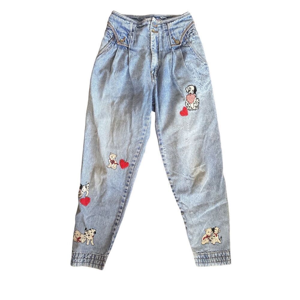 Traffic tween 9/10 high rise 90s jeans tapered Dalmatian puppy dog heart patches